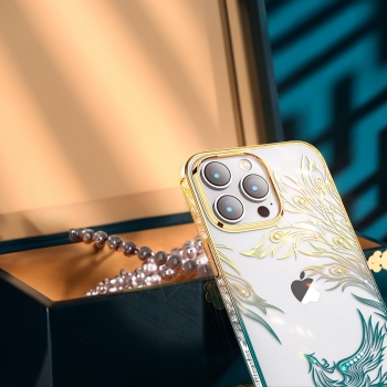 Luksusowe etui iPhone 14 Plus z kryształami Phoenix Series złoto-niebieskie
